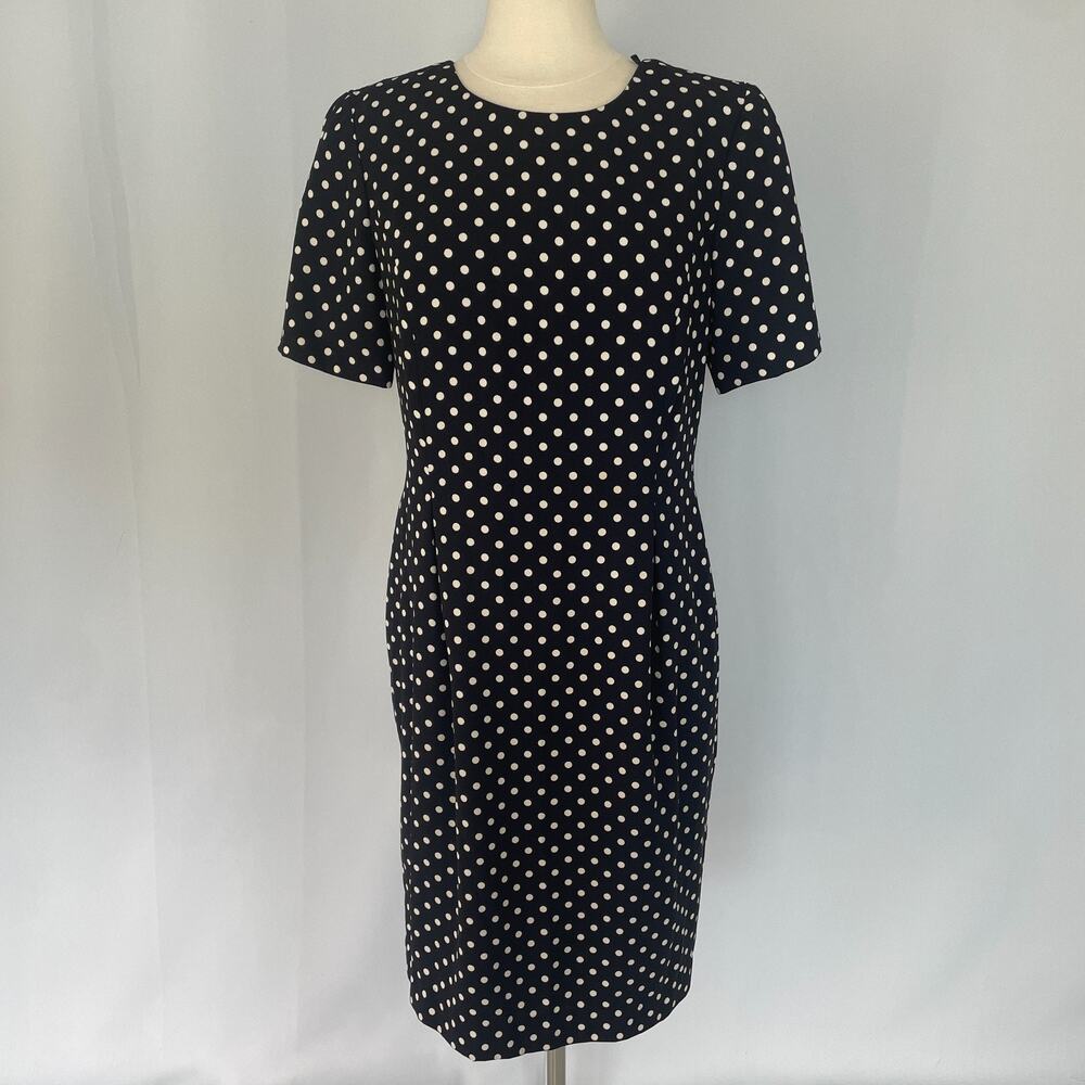 Vtg Sheath Dress Size 12 Navy White Polka Dot Minimal Office Academia Twee 90s